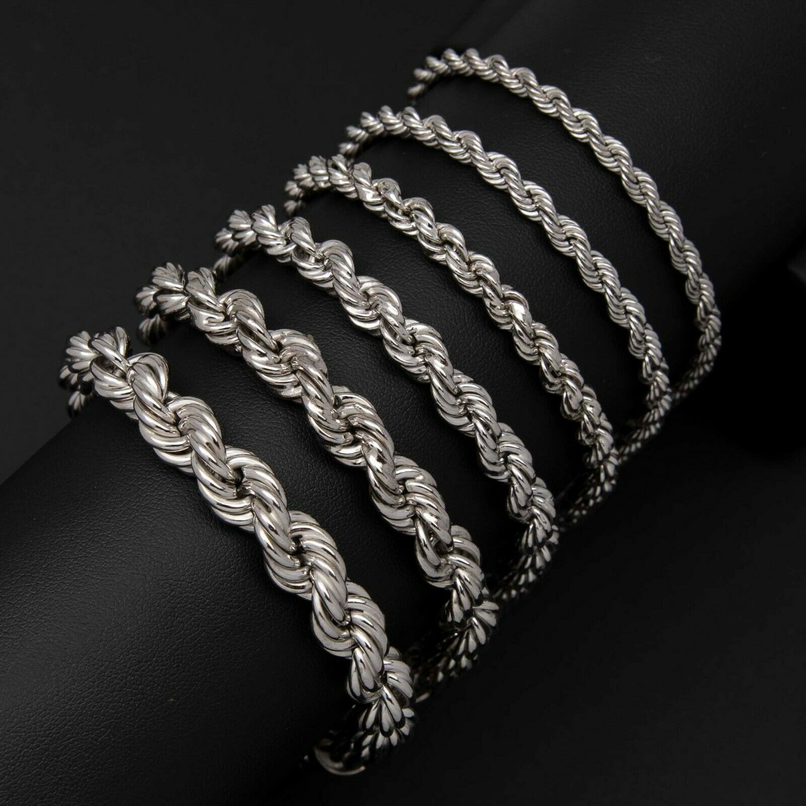 Rhodium Rope Chain Bracelet Hollow Sterling Silver 925 Italy All