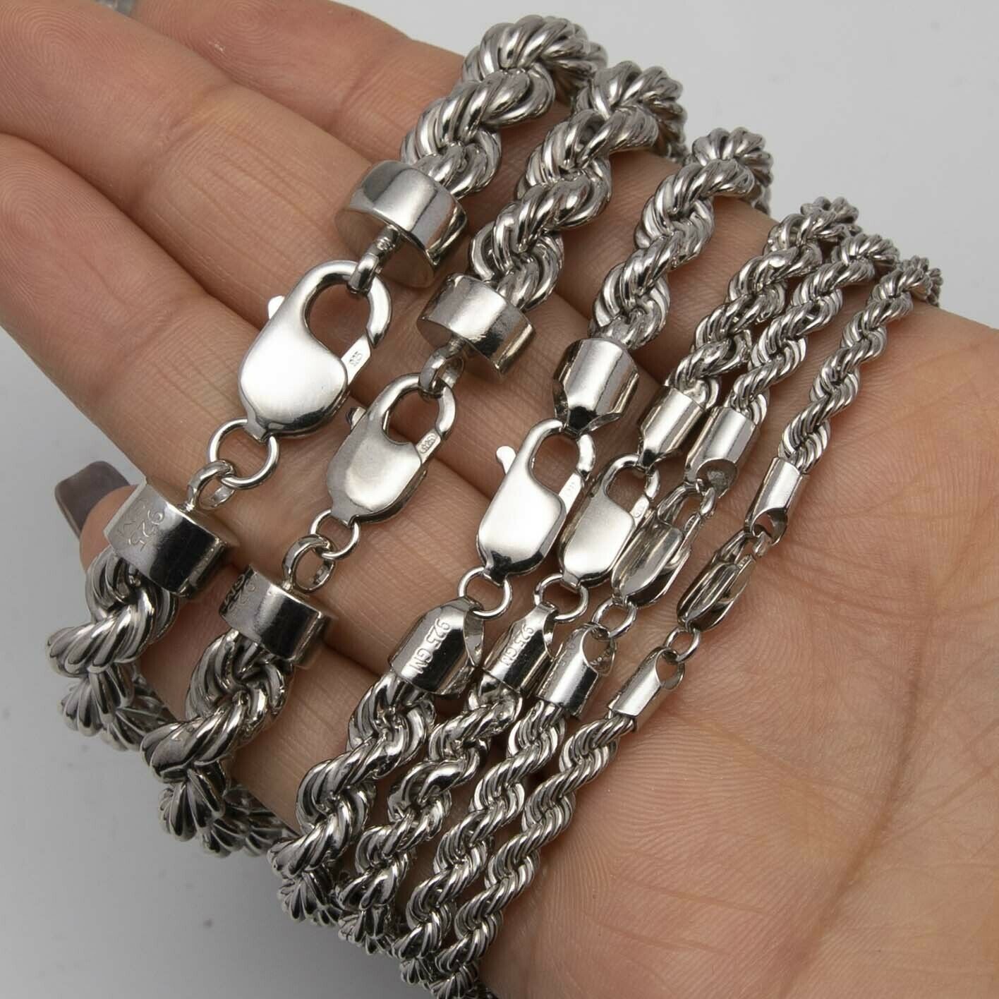 Rhodium Rope Chain Bracelet Hollow Sterling Silver 925 Italy All