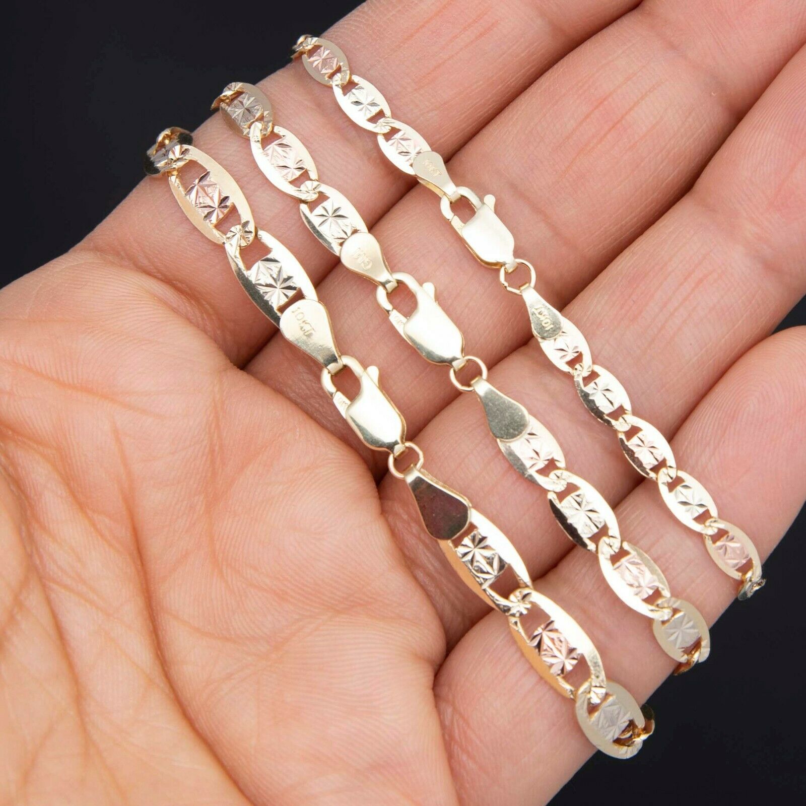 Textured Valentino Link Chain Bracelet Real 10K Tri-Color Gold All