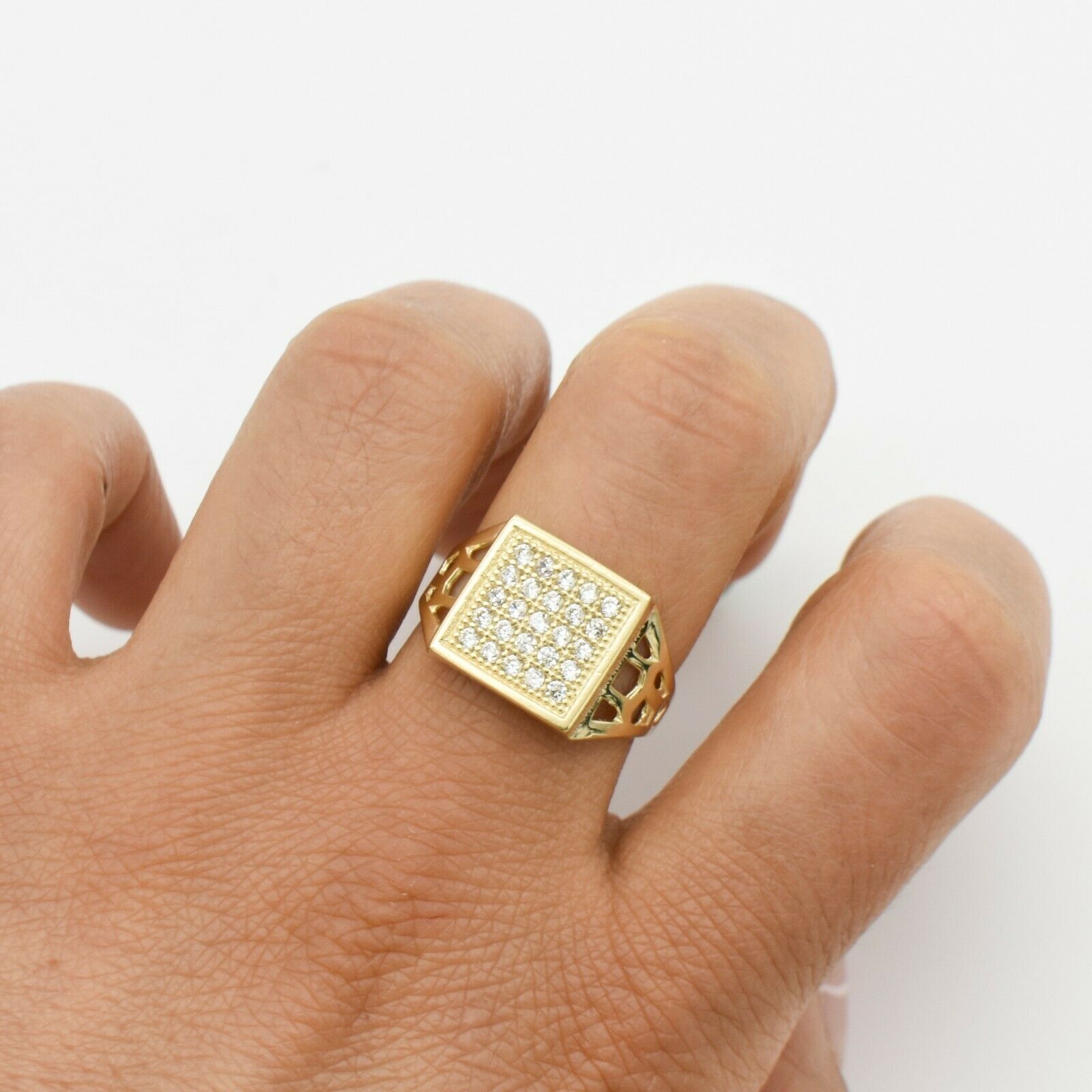 Men's Square CZ Ring with Cut-Out Sides Real Solid 10K Yellow Gold