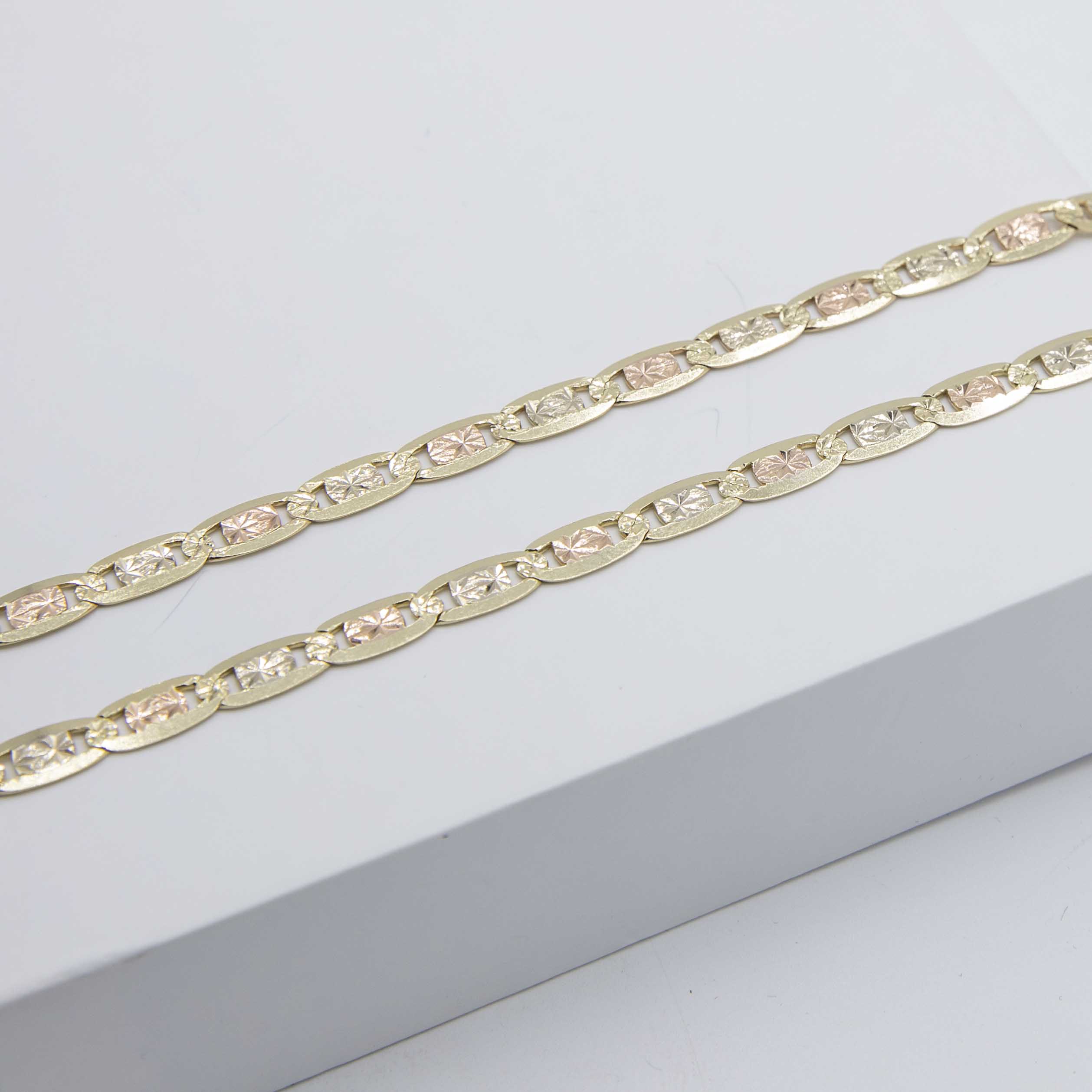 Textured Valentino Link Chain Necklace Real 14K Tri-Color