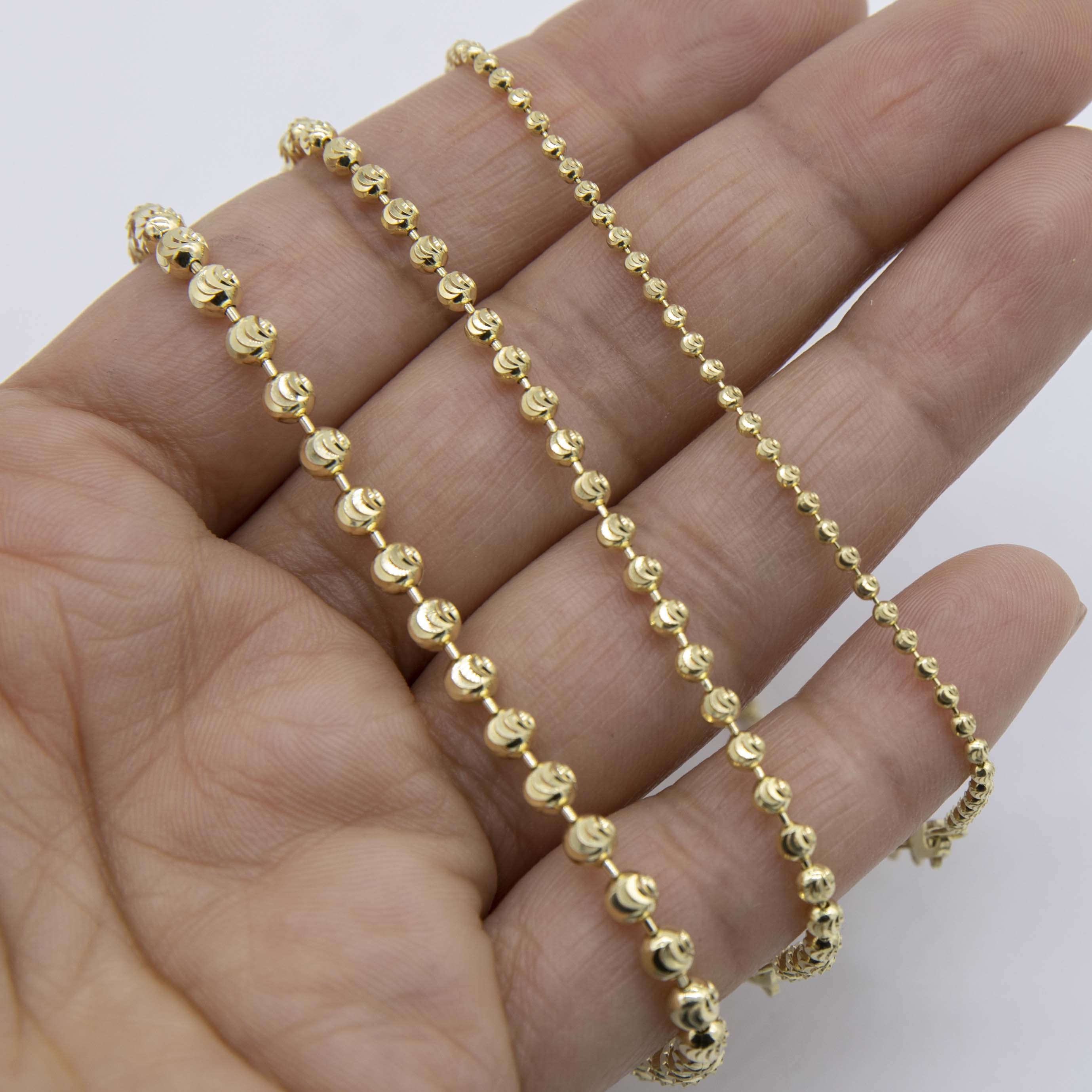 Solid 10K Yellow Gold Dog Tag Moon Cut Bead Ball Bracelet