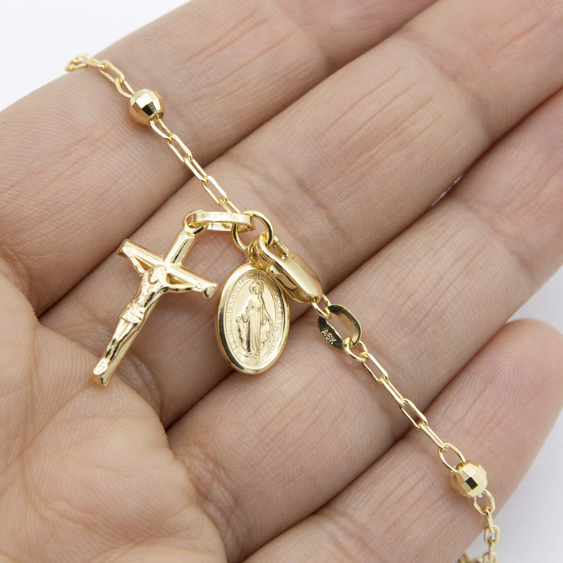 Diamond-Cut Rosary Cross Virgin Mary Anklet Real 10K Yellow Gold