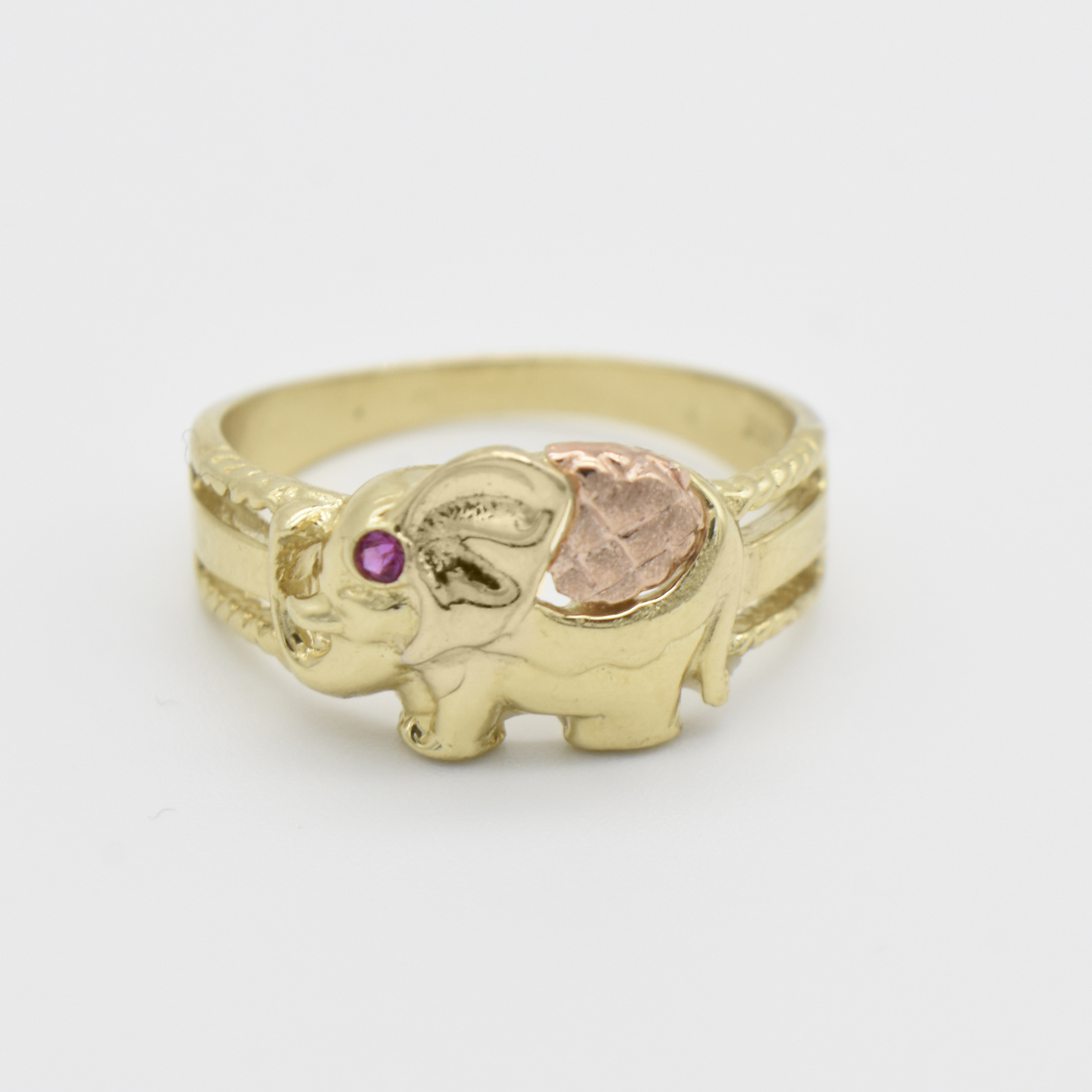10k Tri-Tone Gold Elephant Openwork Band Ring - Handcrafted Textured Design, Size 8.5