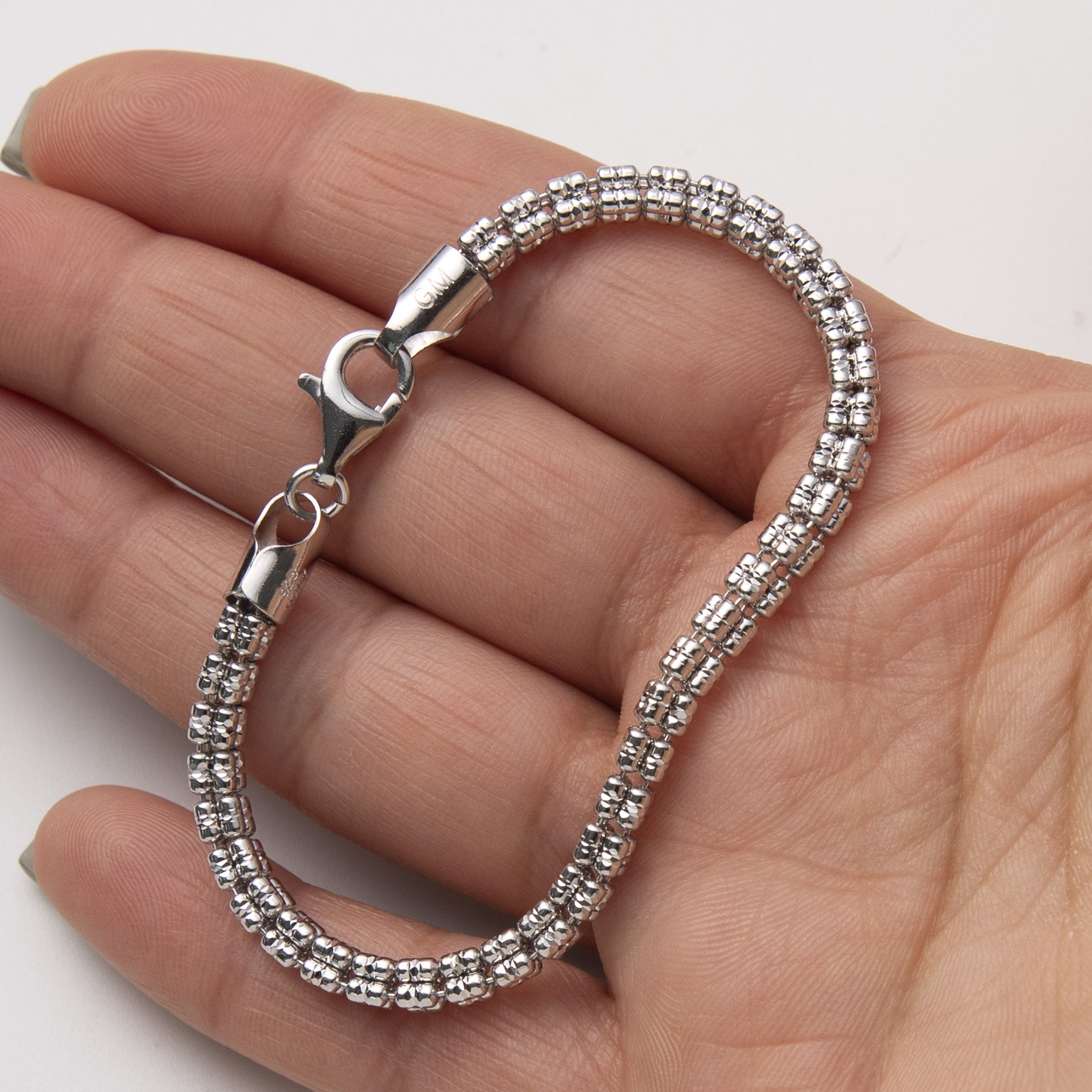 4mm Rhodium Diamond-Cut Ice Link Chain Bracelet Sterling Silver