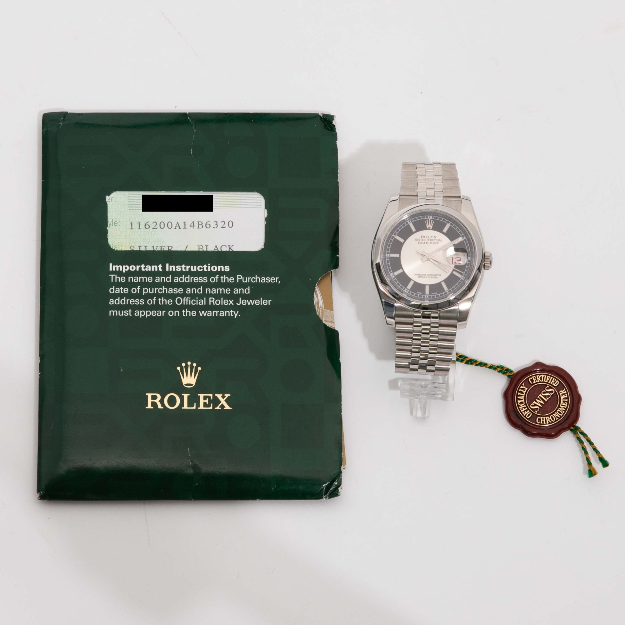 時計 ROLEX BOX Rolex Datejust 36mm 116200 Tuxedo Index Dial Jubilee Watch, Box