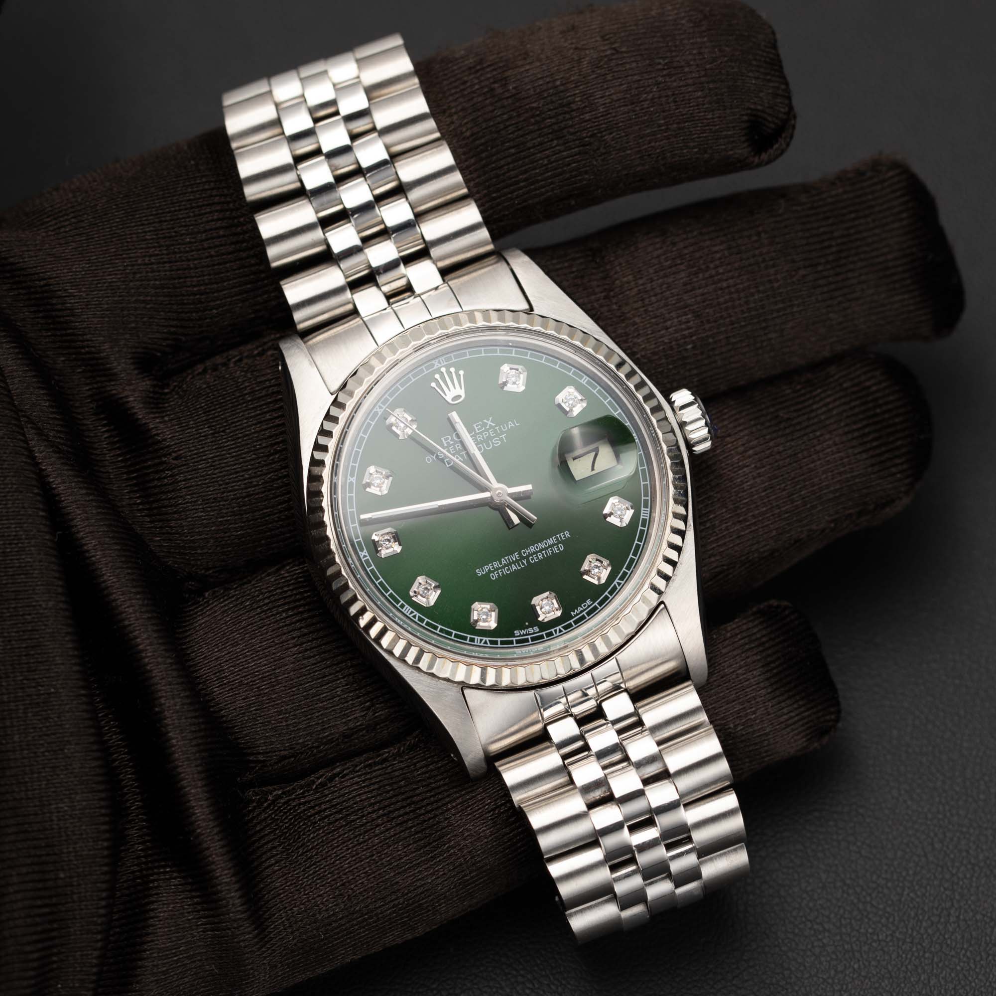 Rolex Datejust 16014 Fluted Bezel Jubilee Watch 36mm Green Diamond