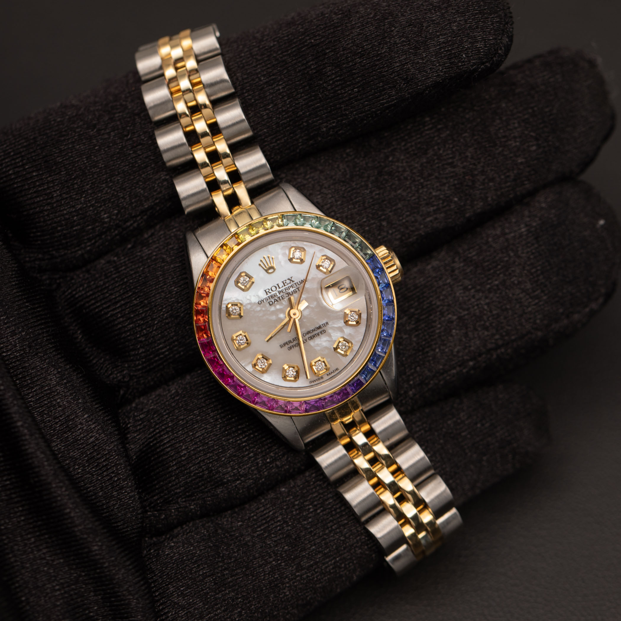Rolex Datejust 69173 Rainbow Bezel Watch 26mm Mother of Pearl Dial