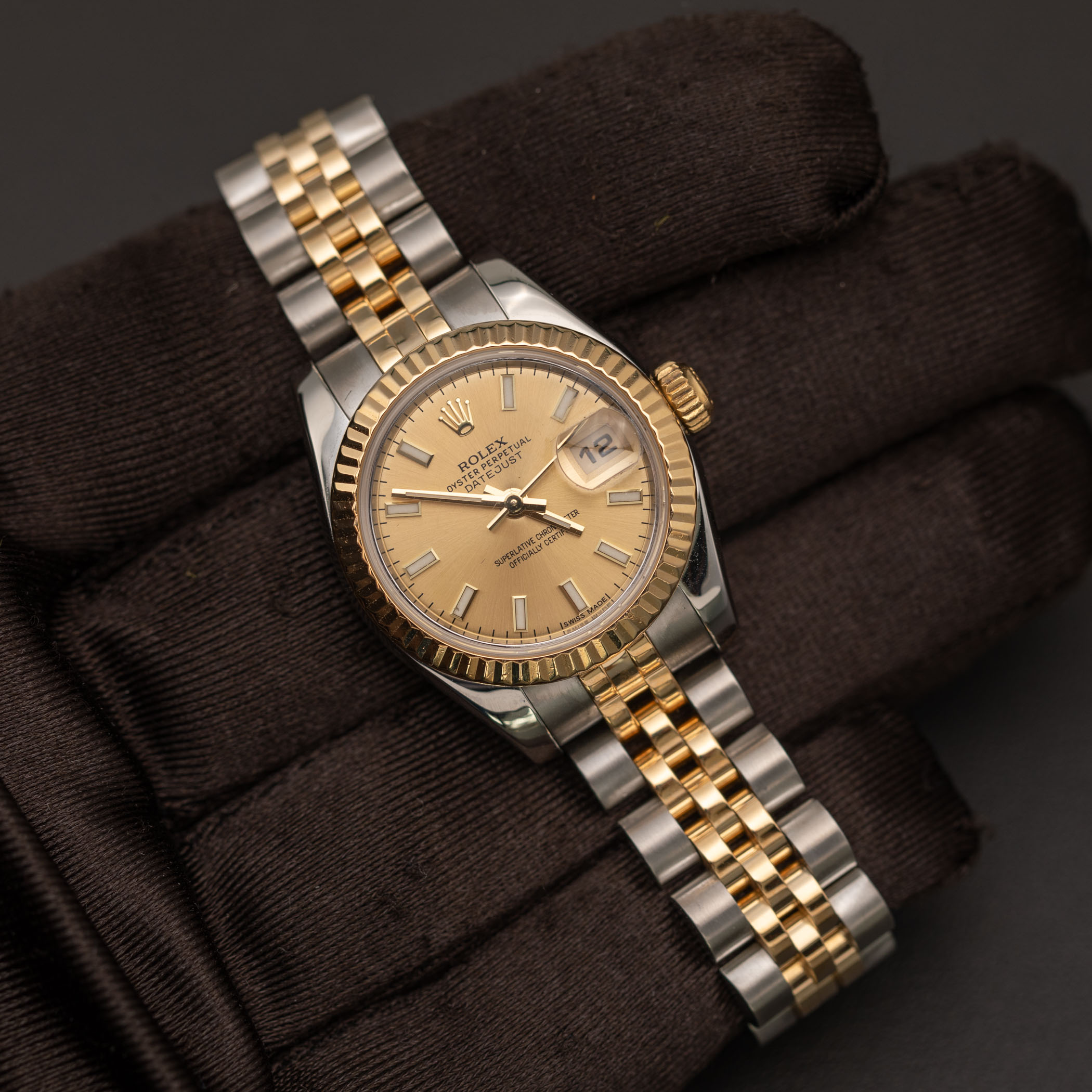 Rolex Datejust 179173 Fluted Bezel Watch 26mm Champagne Index Dial