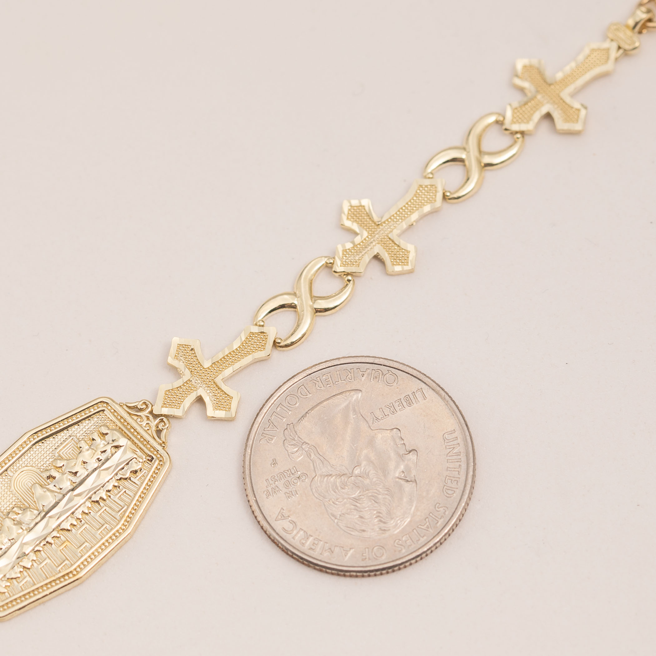 SOLID 10K Bracelet Last Supper Cross Infinity Link Yellow Gold 7.5