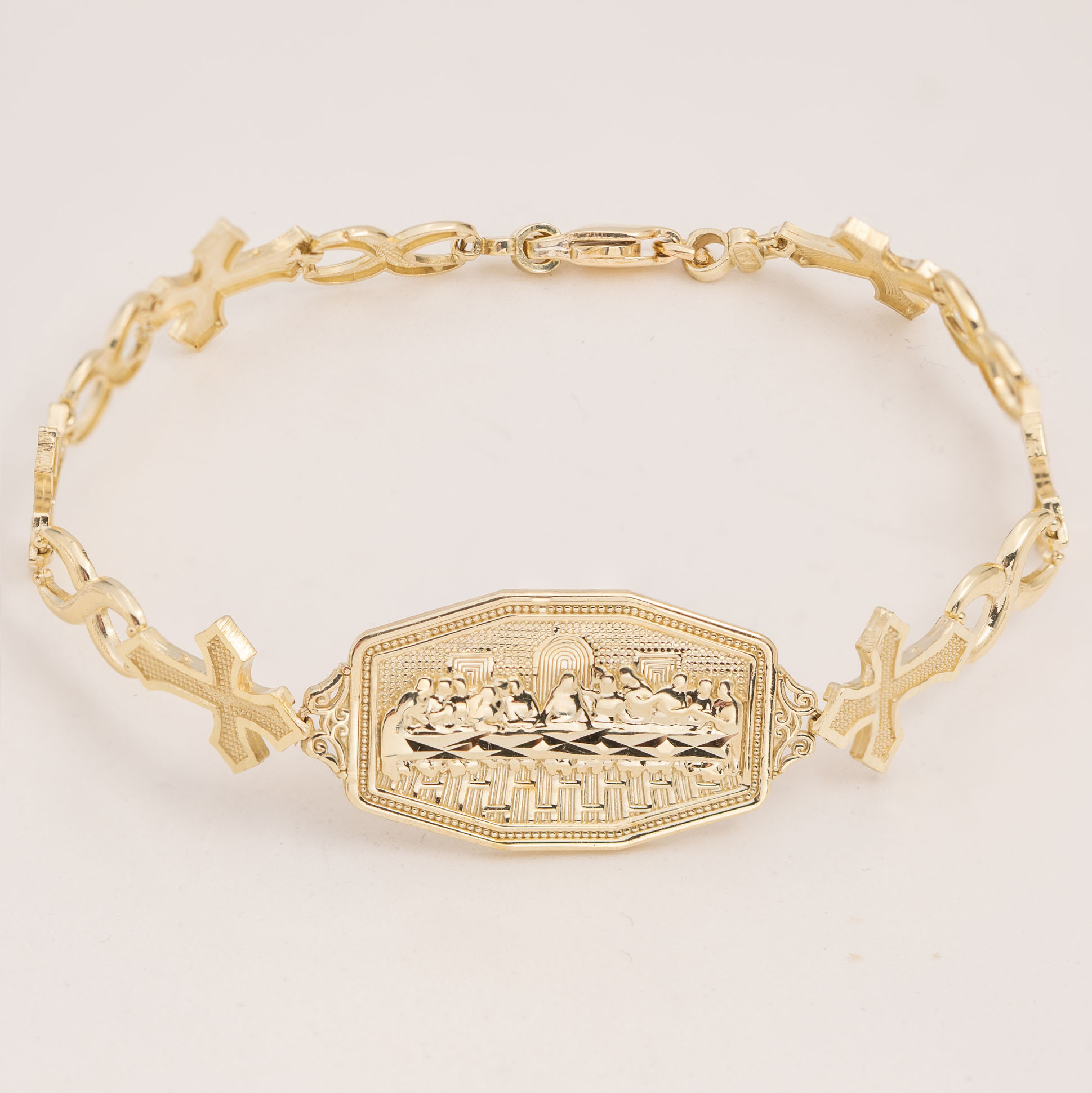SOLID 10K Bracelet Last Supper Cross Infinity Link Yellow Gold 7.5