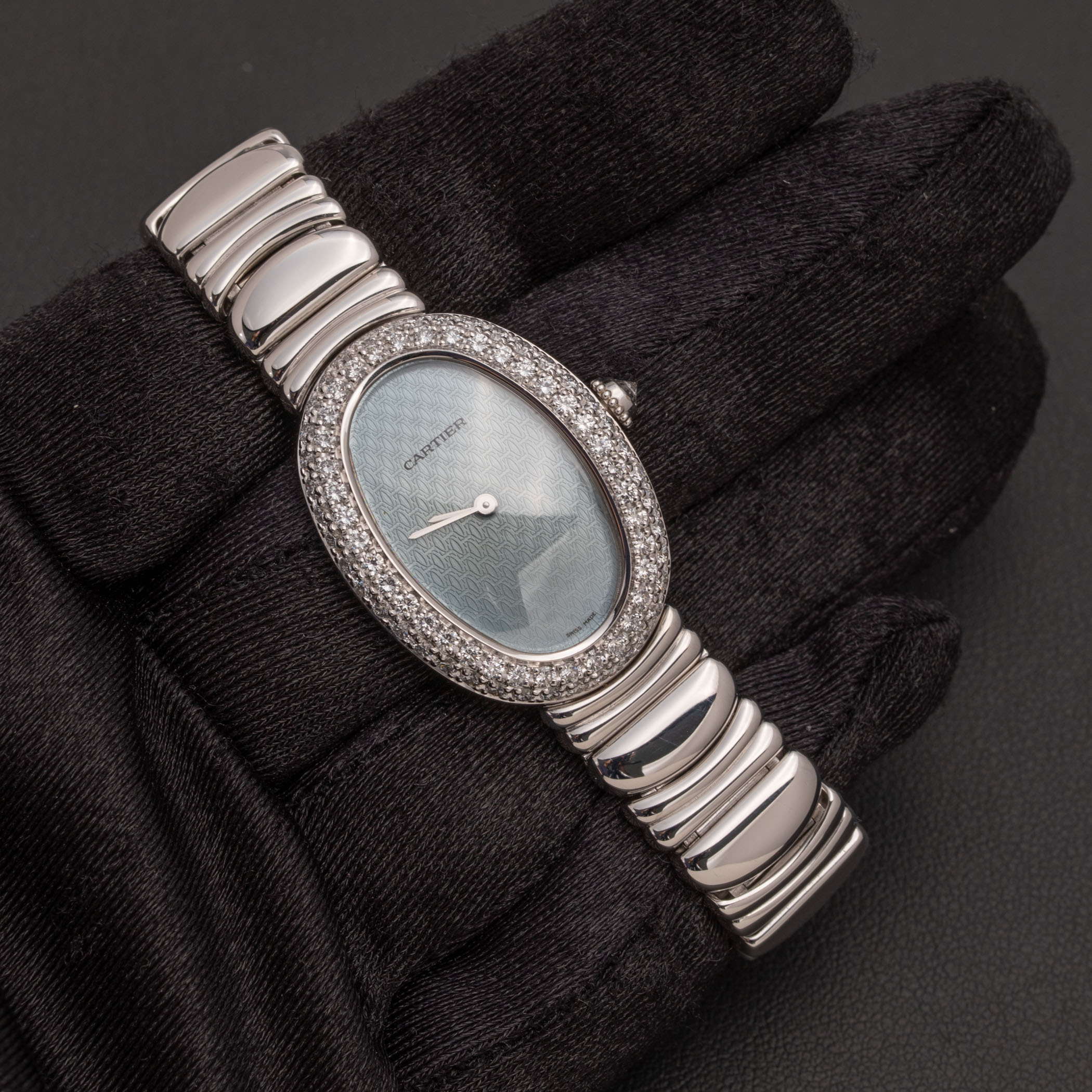 Cartier Watch Baignoire 1955 Factory Diamond Bezel C Motif Dial