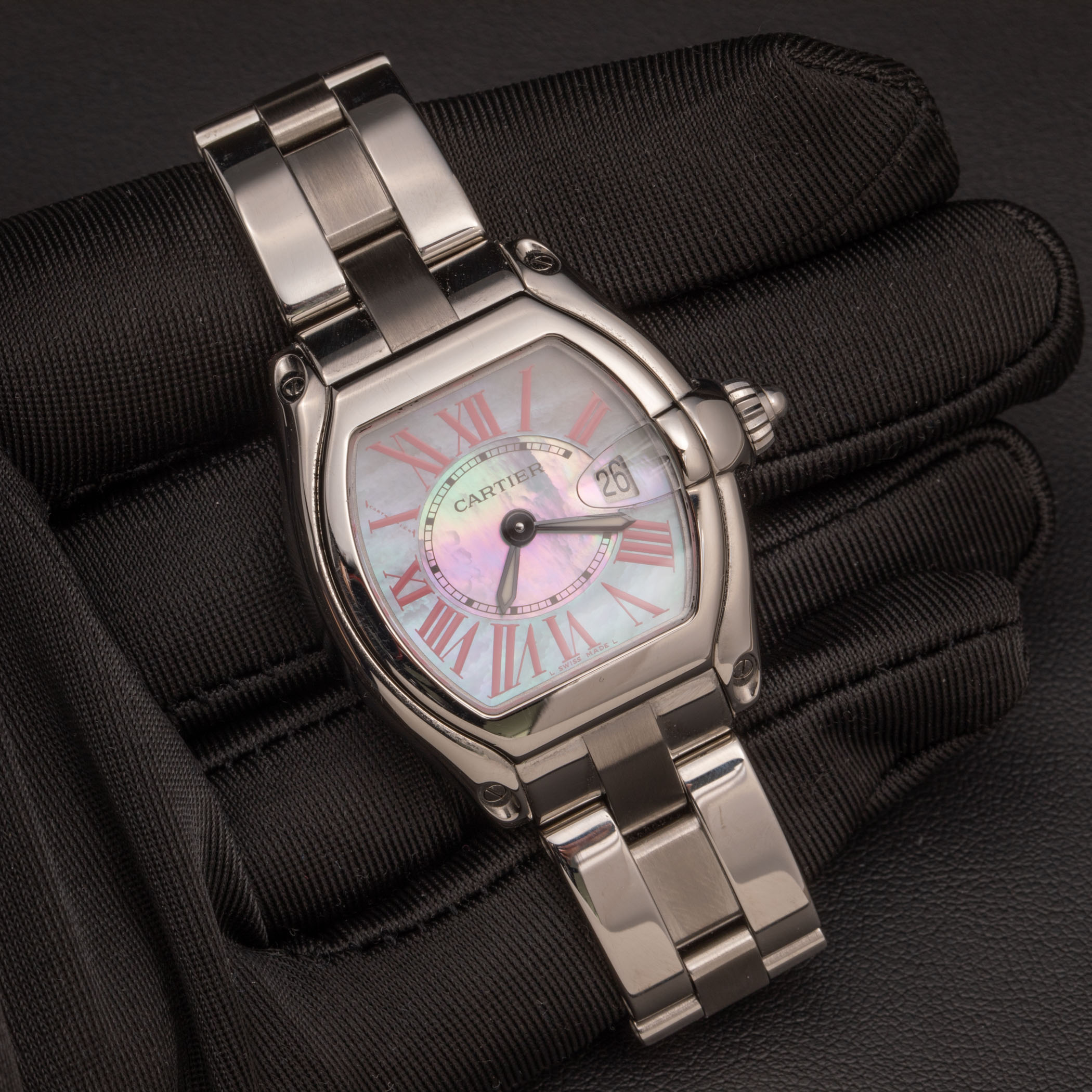 Cartier Roadster Watch MOP Pink Roman Dial 31mm Stainless Steel