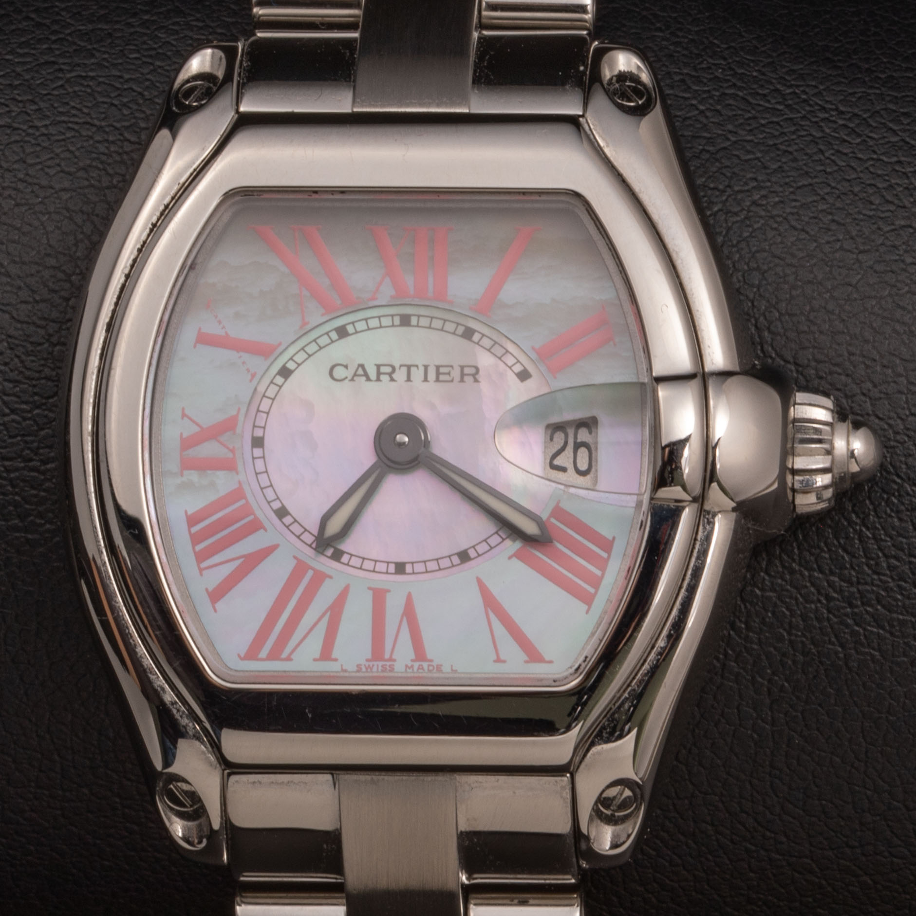 Cartier Roadster Watch MOP Pink Roman Dial 31mm Stainless Steel