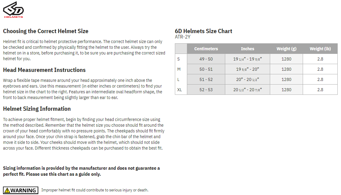 6D Youth ATR-2Y Drive MX Offroad Helmet - size chart