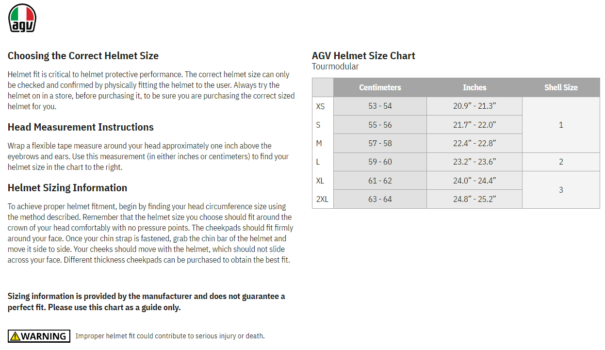 AGV Tourmodular Solid Motorcycle Helmet - size chart