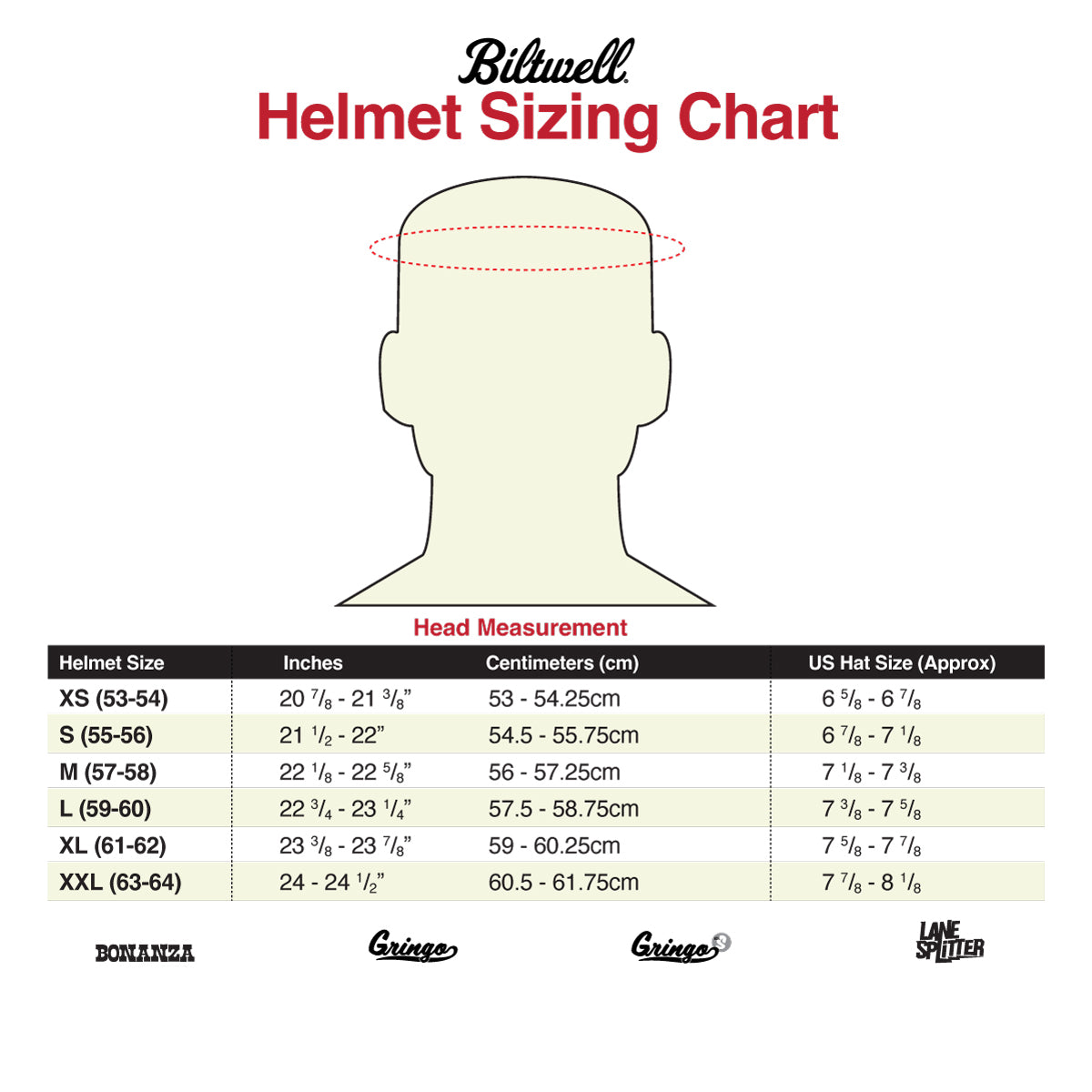 Biltwell Bonanza Scallop Open Face Motorcycle Helmet - size chart