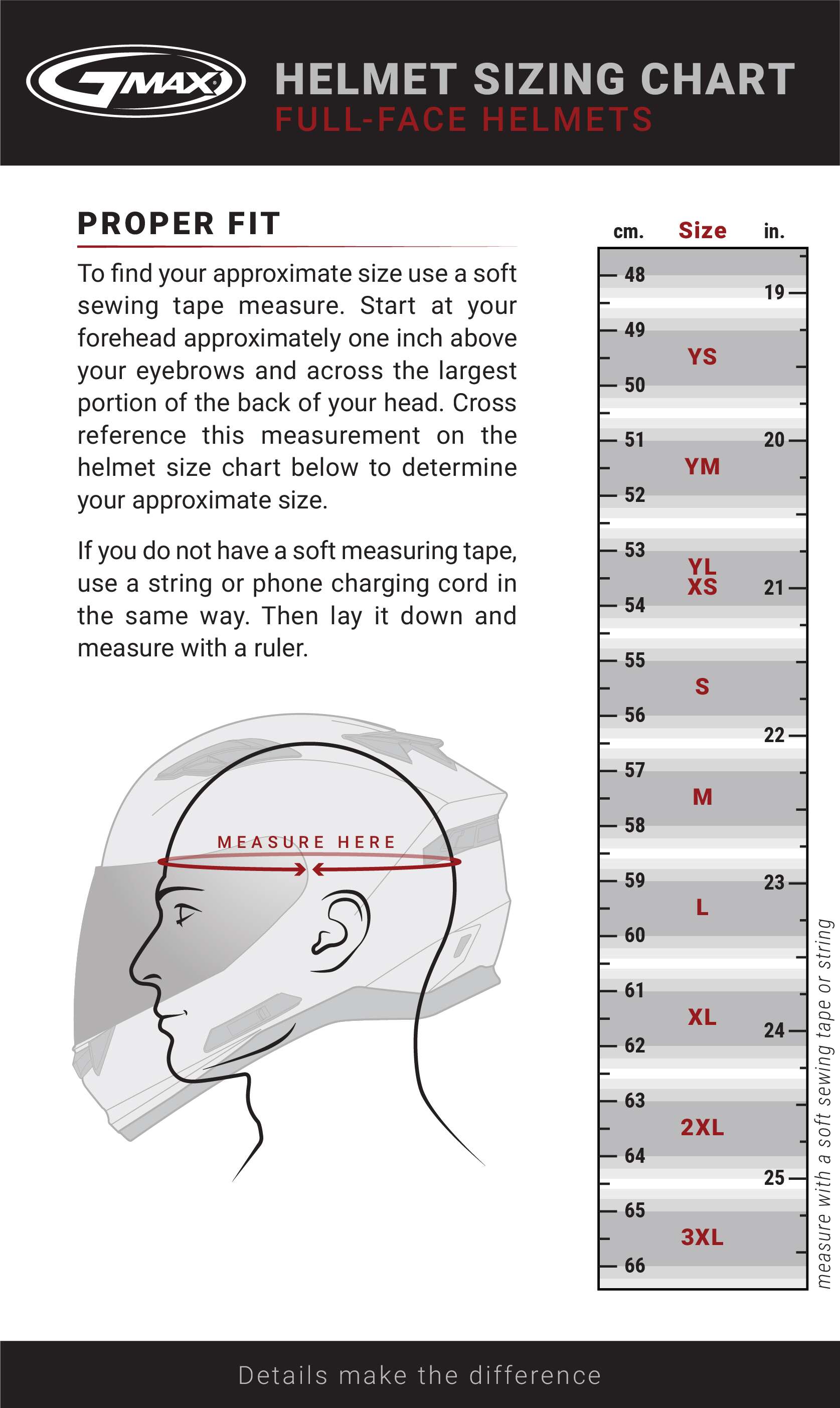 Gmax FF-98 Aftershock Grey-Mettallic Gold Full Face Motorcycle Helmet - size chart