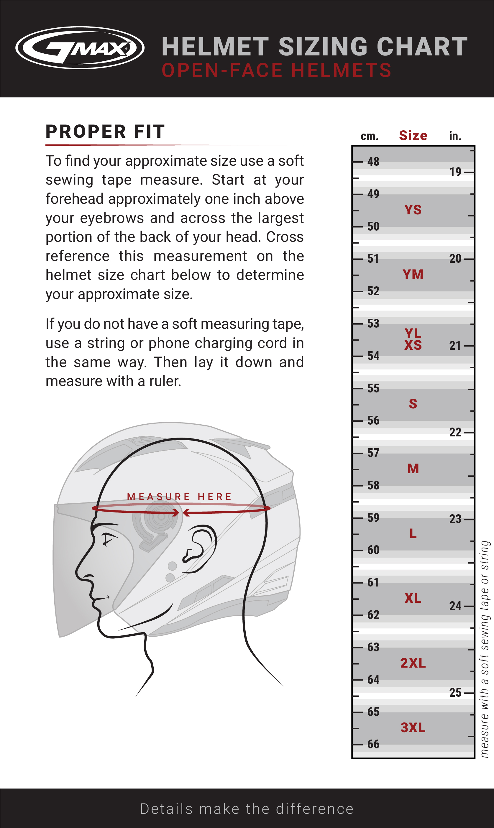 Gmax OF-87 Duke Open Face Motorcycle Helmet - size chart