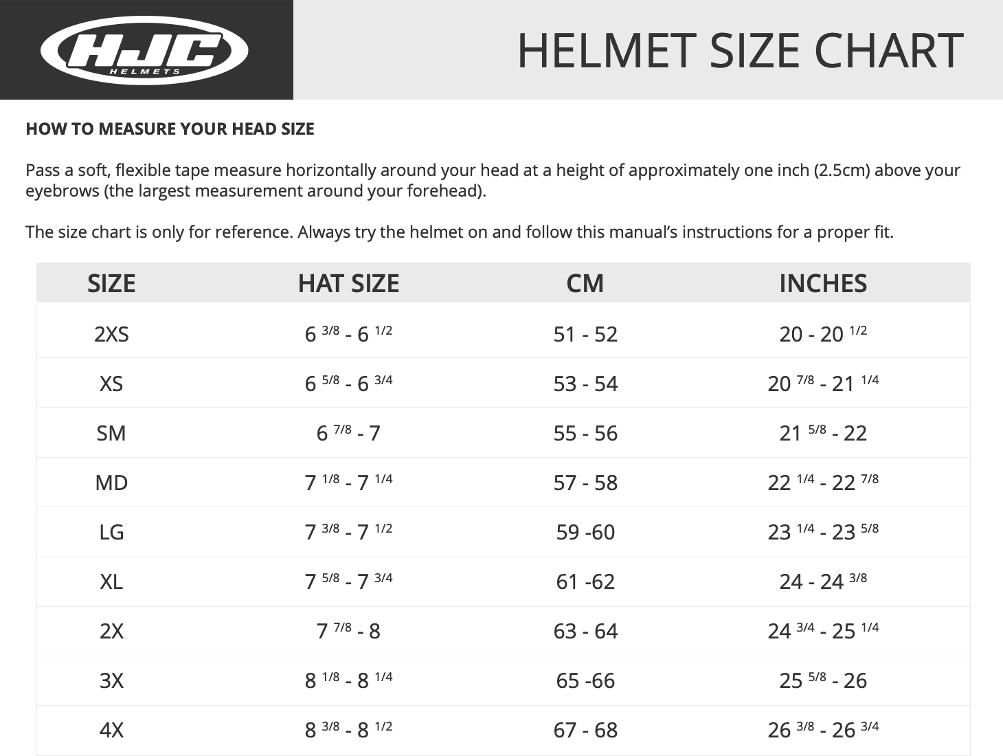 HJC C10 Fabio Quartararo FQ20 Full Face Motorcycle Helmet - Size chart