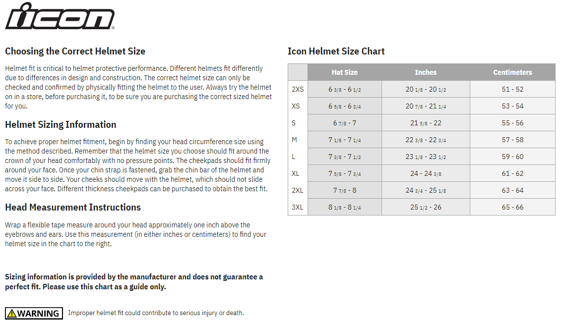 Icon Airform Dead Serious Full Face Motorcycle Helmet - size chart