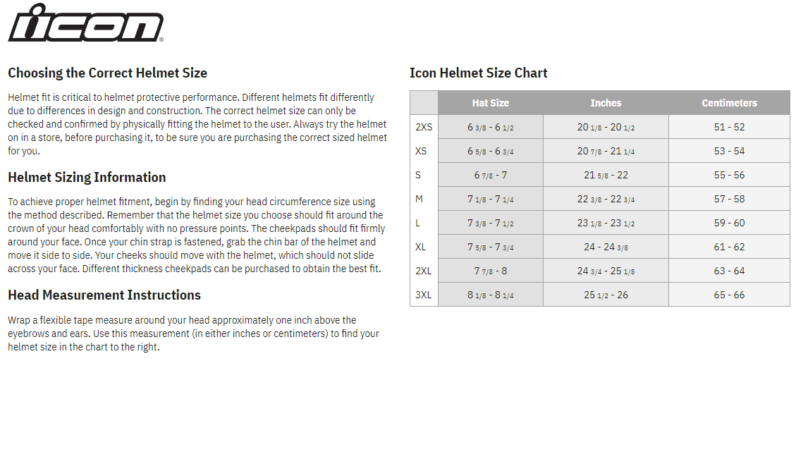 Icon Airflite Mips Blegh Full Face Motorcycle Helmet - Size chart