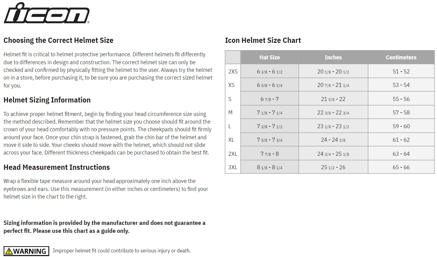 Icon Airform Nine Lives Full Face Motorcycle Helmet - size chart