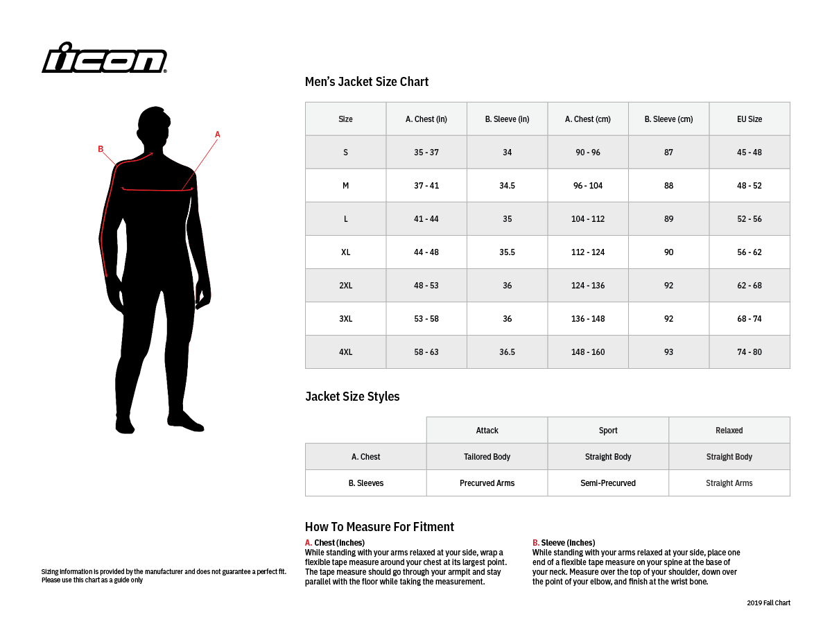 Icon Overlord 3 CE Motorcycle Leather Jacket - size chart