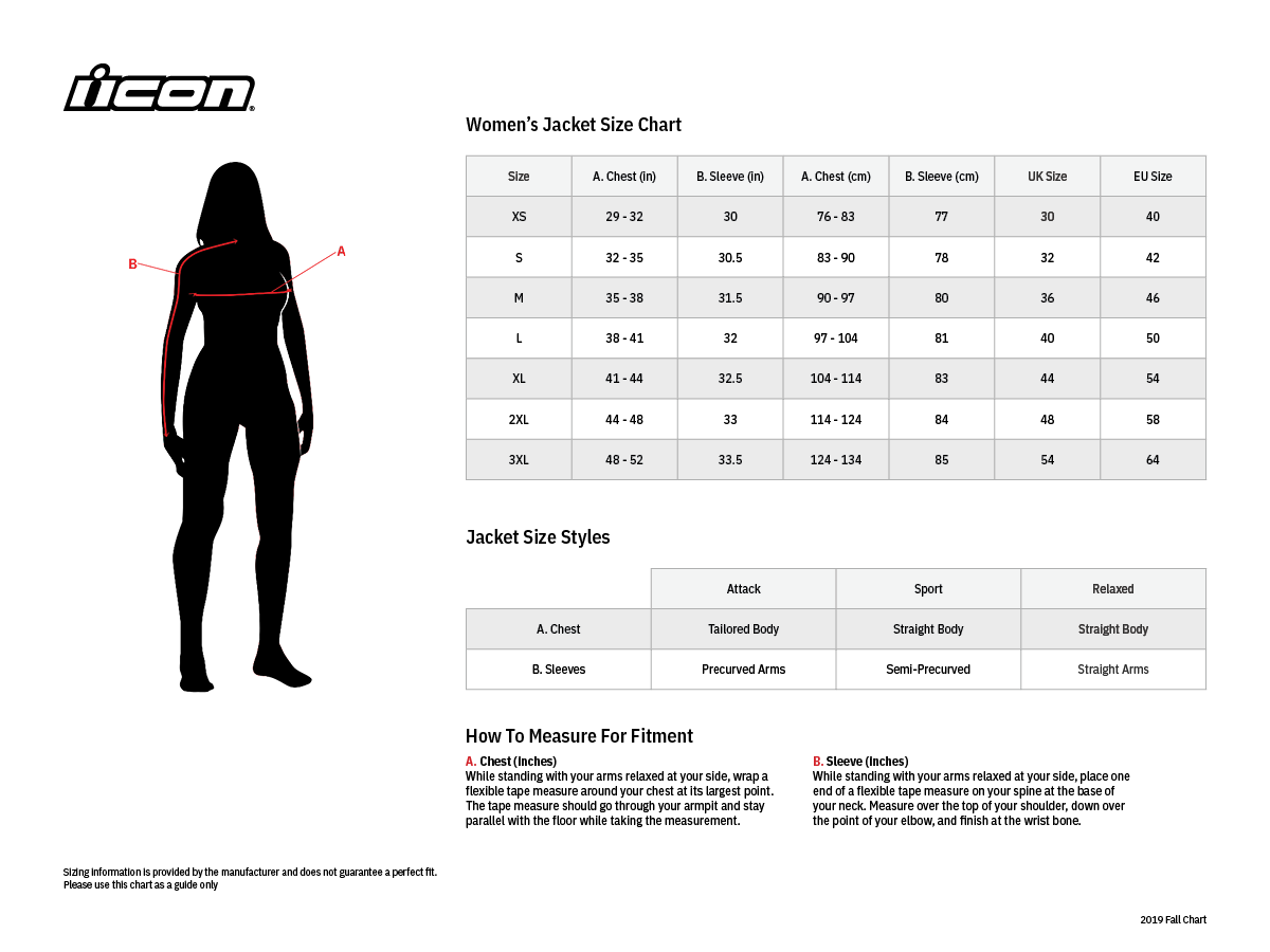 Icon Women's Overlord 3 CE Mesh Motorcycle Jacket - size chart