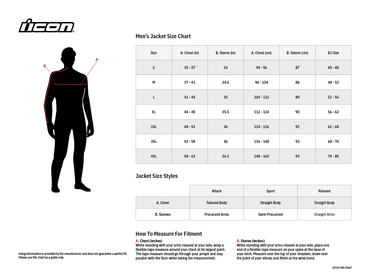 Icon Men's Short Track Textile Motorcycle Jacket - size chart