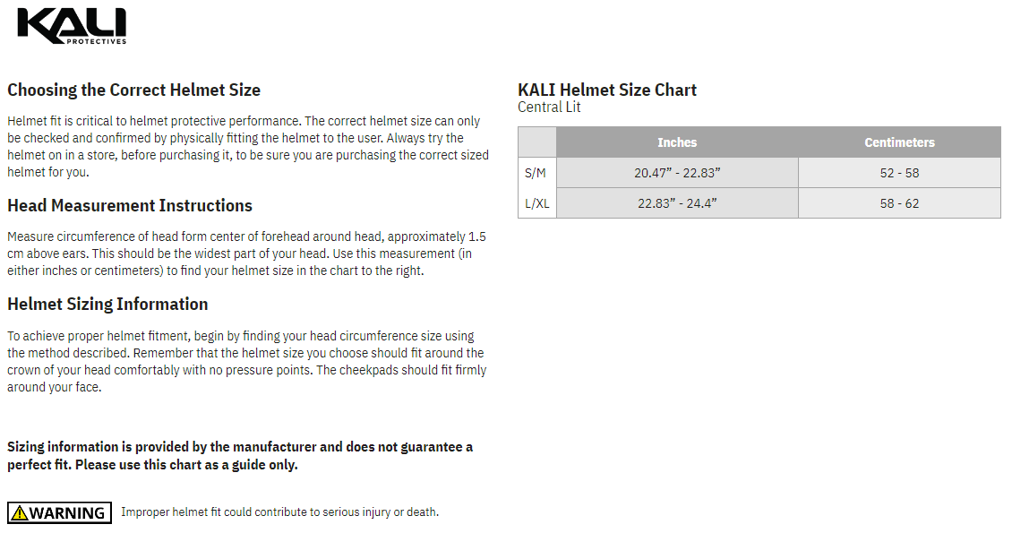 Kali Central Lit Solid Half Face Bicycle Helmet  - Size Chart