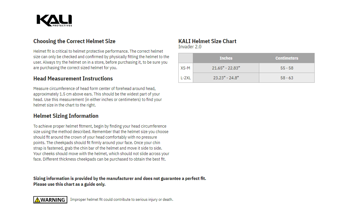 Kali DH Invader LTD Glitch Bicycle Helmet - size chart