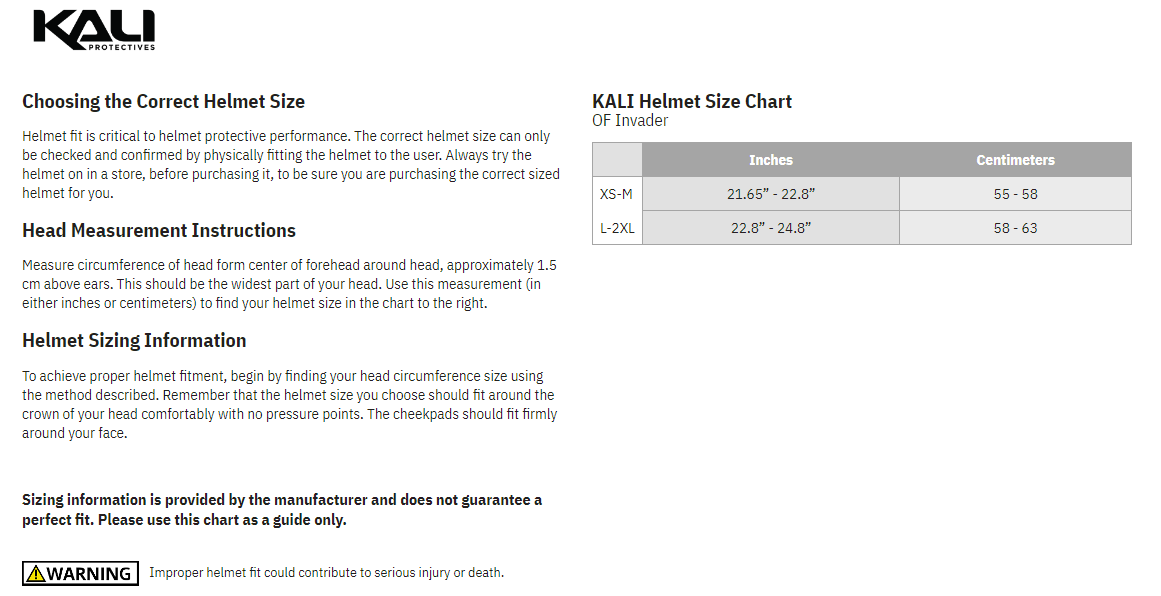 Kali Open Face Invader Bicycle Helmet - Size chart