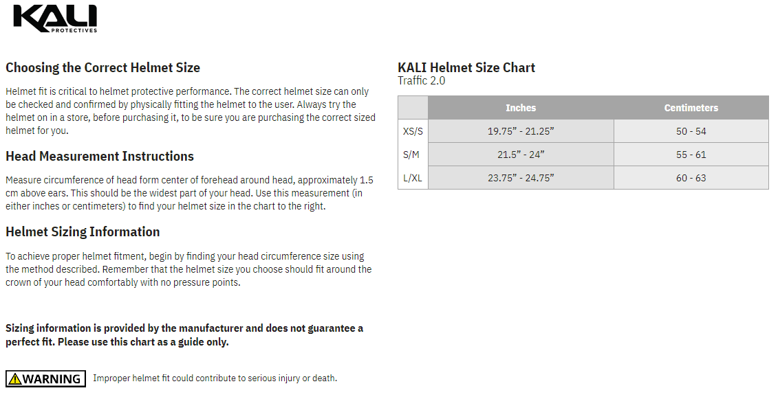Kali Traffic 2.0 Solid Half Face Bicycle Helmet - Size chart