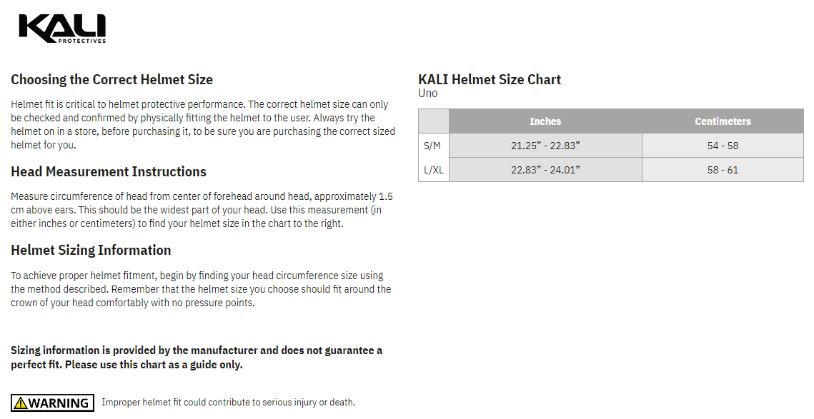 Kali Uno Solid Half Face Bicycle Helmet - Size Chart
