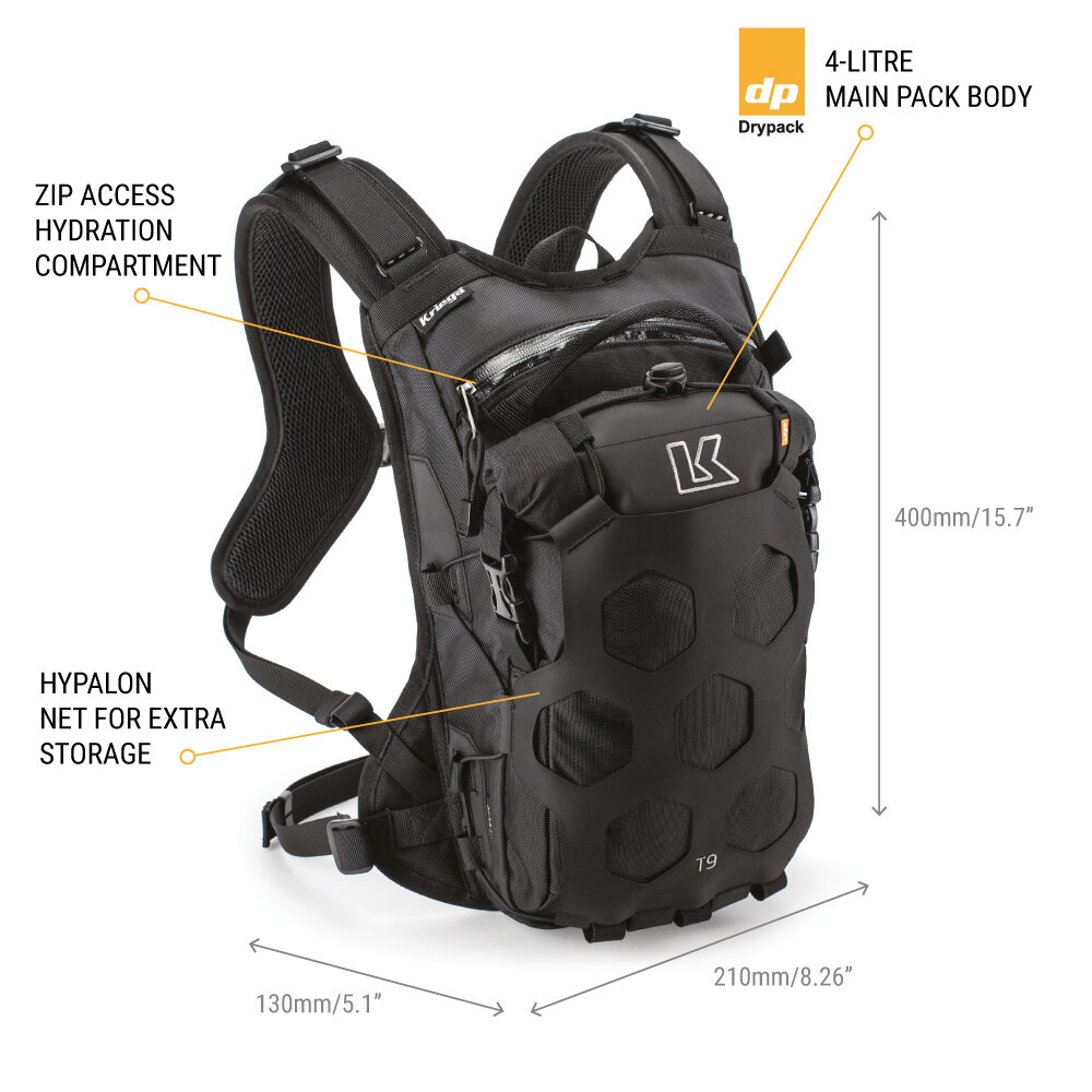 Kriega Trail 9 Adventure Motorcycle Backpack - Dimensions