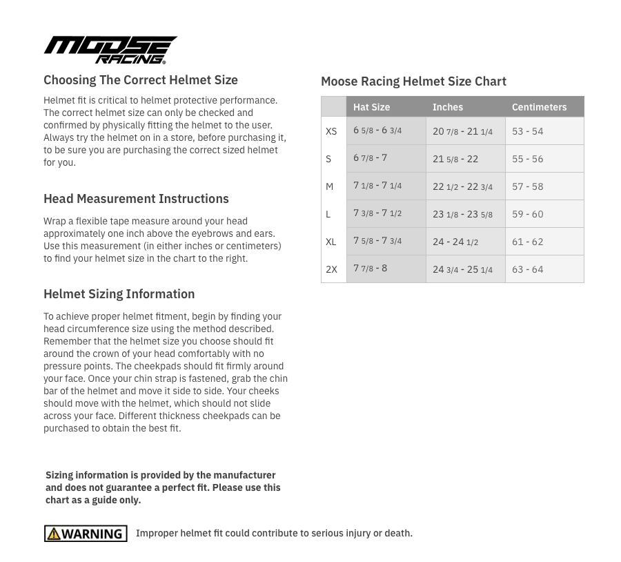 Moose Racing FI 2.0 Deceit MIPS Motorcycle Helmet - size chart