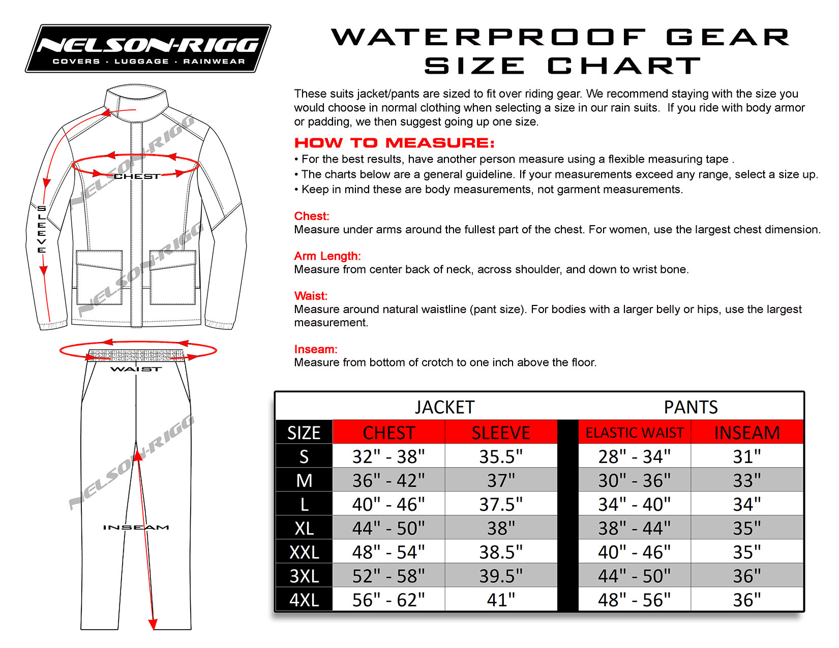 Nelson Rigg SR-6000 Storm Rider 2-Piece Rainsuit Motorcycle Rain Gear - size chart