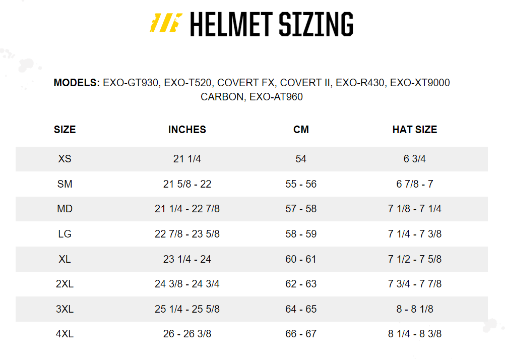 Scorpion EXO-R430 Paradox Full Face Motorcycle Helmet-Size chart