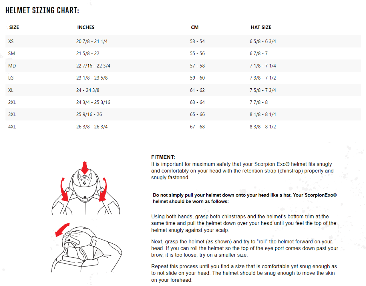 Scorpion EXO-ST1400 Evo Carbon Full Face Motorcycle Helmet - size chart