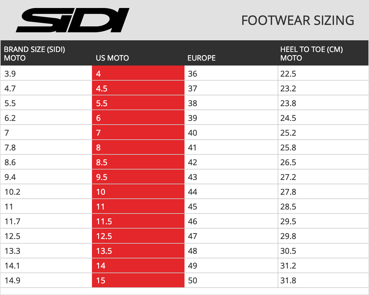 Sidi Men's ARX Air Motorcycle Riding Shoes - size chart