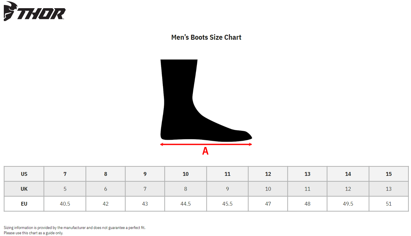 Thor Men's Blitz XR MX Motorcycle Boots - size chart