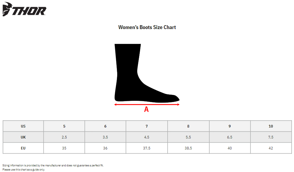Thor Women's Blitz XR MX Motorcycle Boots - size chart