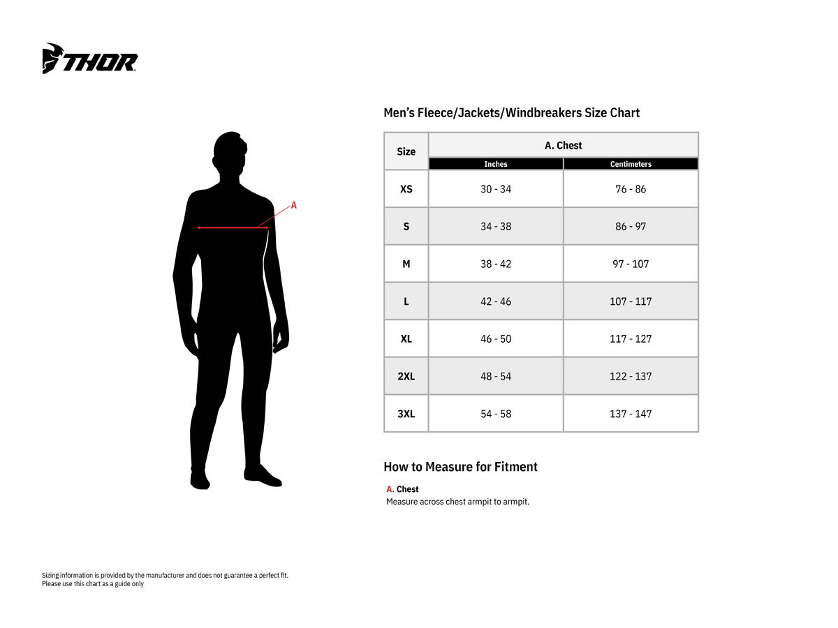 Thor Men's Range Motorcycle Textile Jacket - size chart