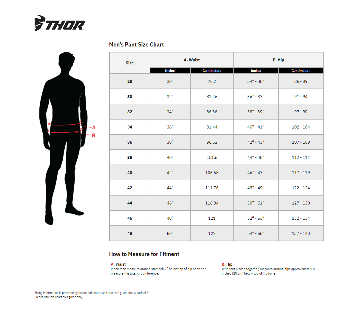 Thor Men's Range MX Motorcycle Textile Pants - size chart
