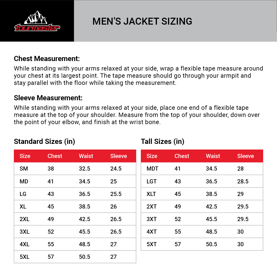 Tour Master Draft Air 2.0 Motorcycle Jacket - size chart