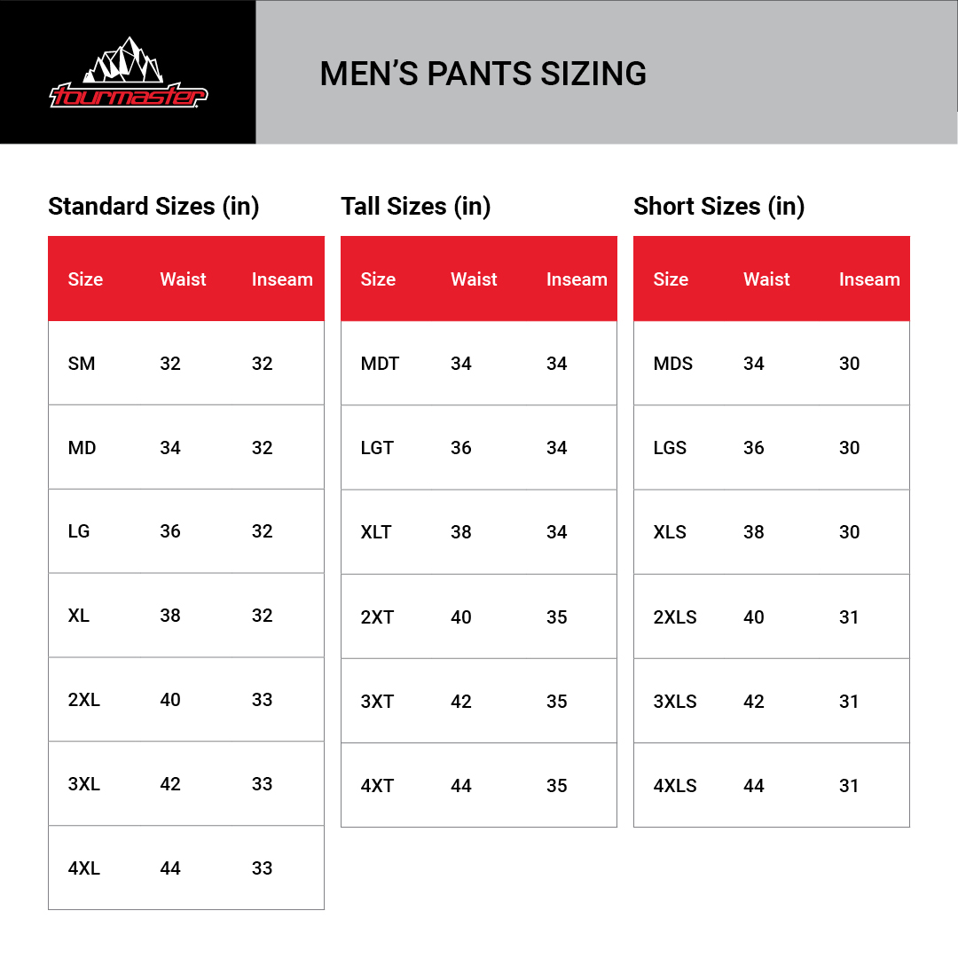 Tour Master Draft Air Motorcycle Pants - size chart