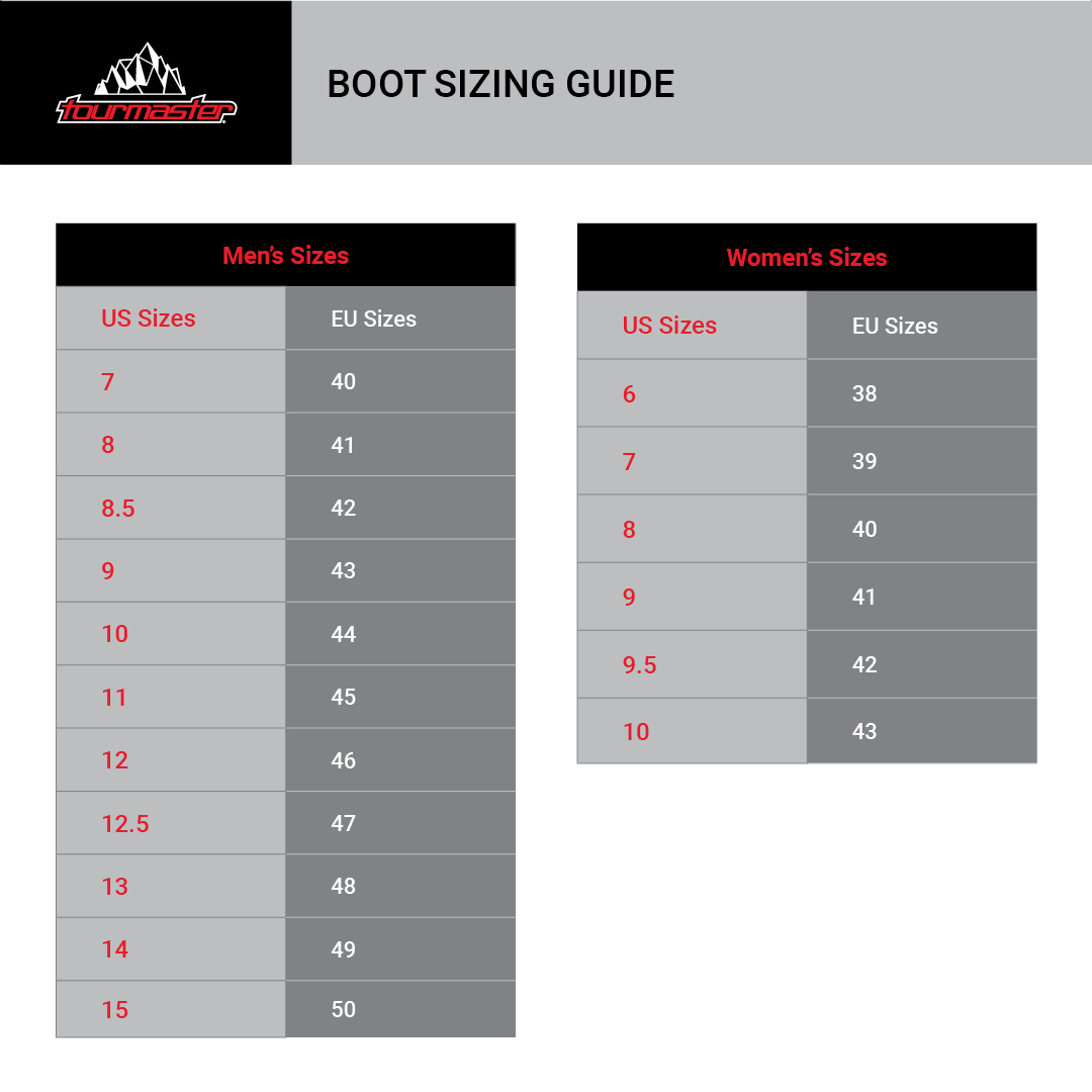 Tour Master Helix Waterproof Motorcycle Touring Boots - size chart