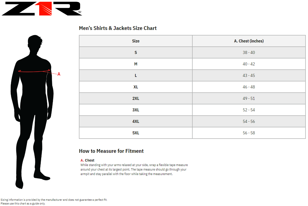 Z1R Men's Ashwood Flannel Shirt - size chart