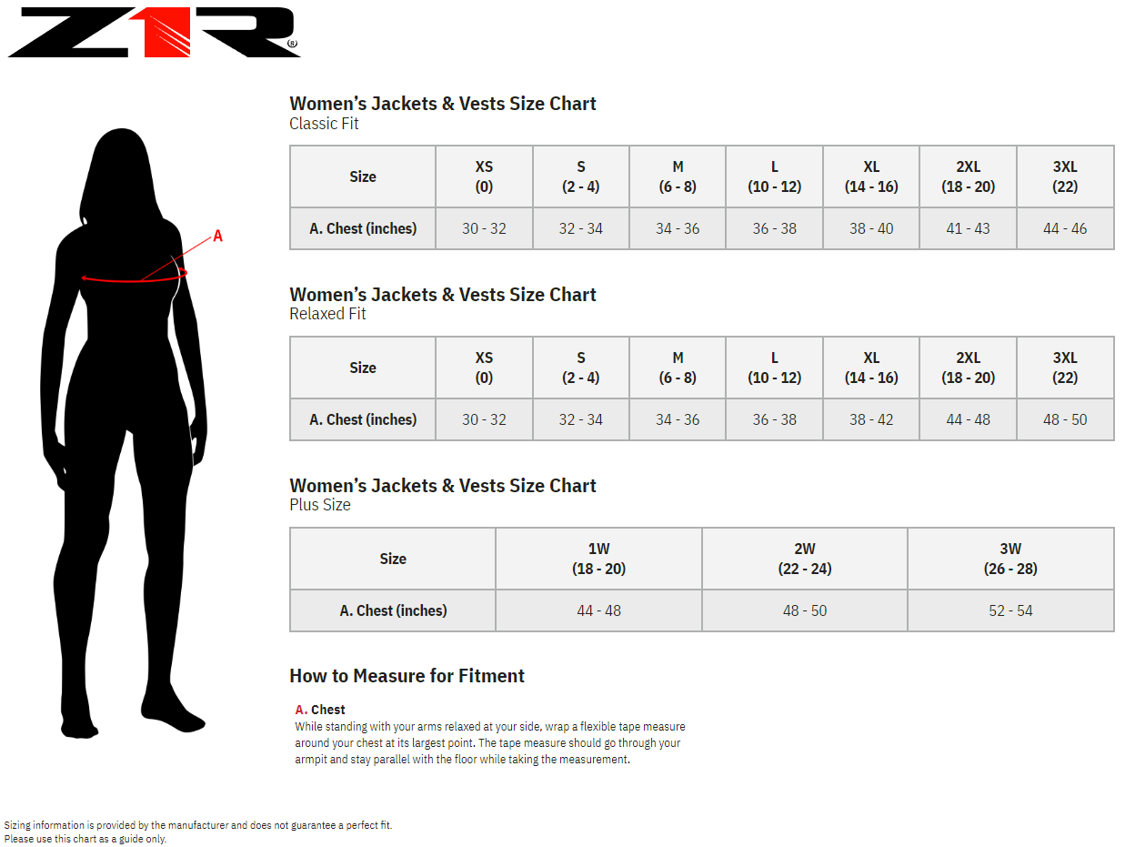 Z1R Women's Ashwood Flannel Shirt - size chart